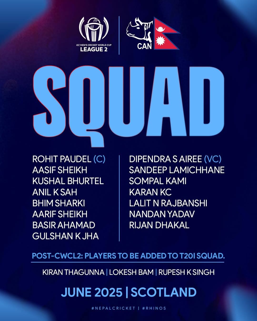 Nepal Announces Squad for ICC Men’s Cricket World Cup League 2 Series in Scotland